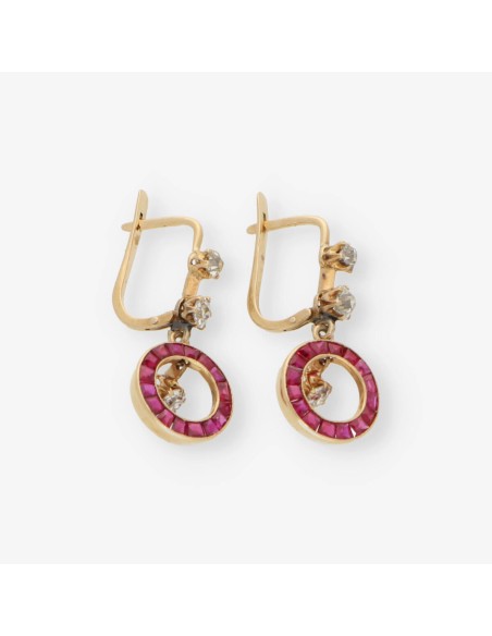 Pendientes largos vintage en oro 18kt RubÃ­ y Brillantes
