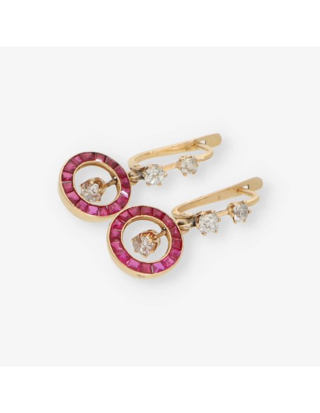 Pendientes largos vintage en oro 18kt RubÃ­ y Brillantes