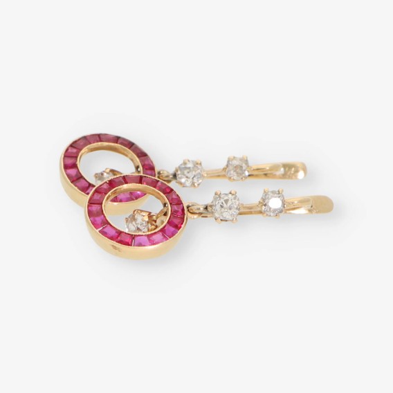 Pendientes largos vintage en oro 18kt RubÃ­ y Brillantes