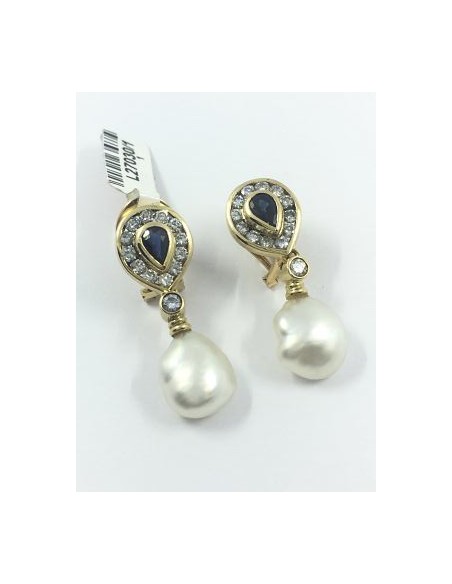 Pendientes de oro con brillantes, zafiros y perlas