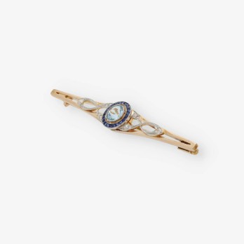 Broche de oro con brillantes, agua marina y zafiros 2