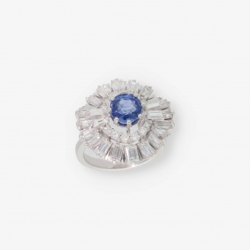 Anillo oro blanco 18kt con diamantes y zafiro | Comprar anillos de segunda mano