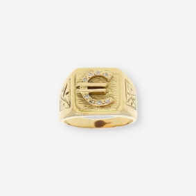 Anillo sello con el símbolo del € en oro 18kt | Comprar anillos de segunda mano