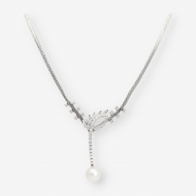 Gargantilla en oro blanco, brillantes y perla cultivada | Comprar joyas con brillantes de segunda mano