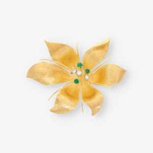 Broche flor oro 18kt esmeralda y brillante